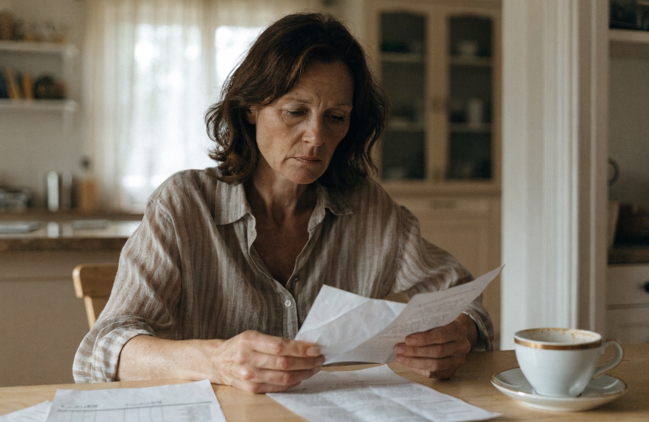 Assistante maternelle relisant un courrier administratif et un relevé bancaire sur la table de sa cuisine