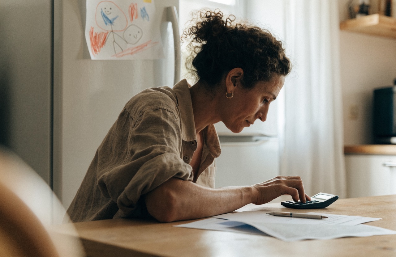 Parent assis à la table de la cuisine, calculatrice et relevés de compte, faisant le budget familial du mois